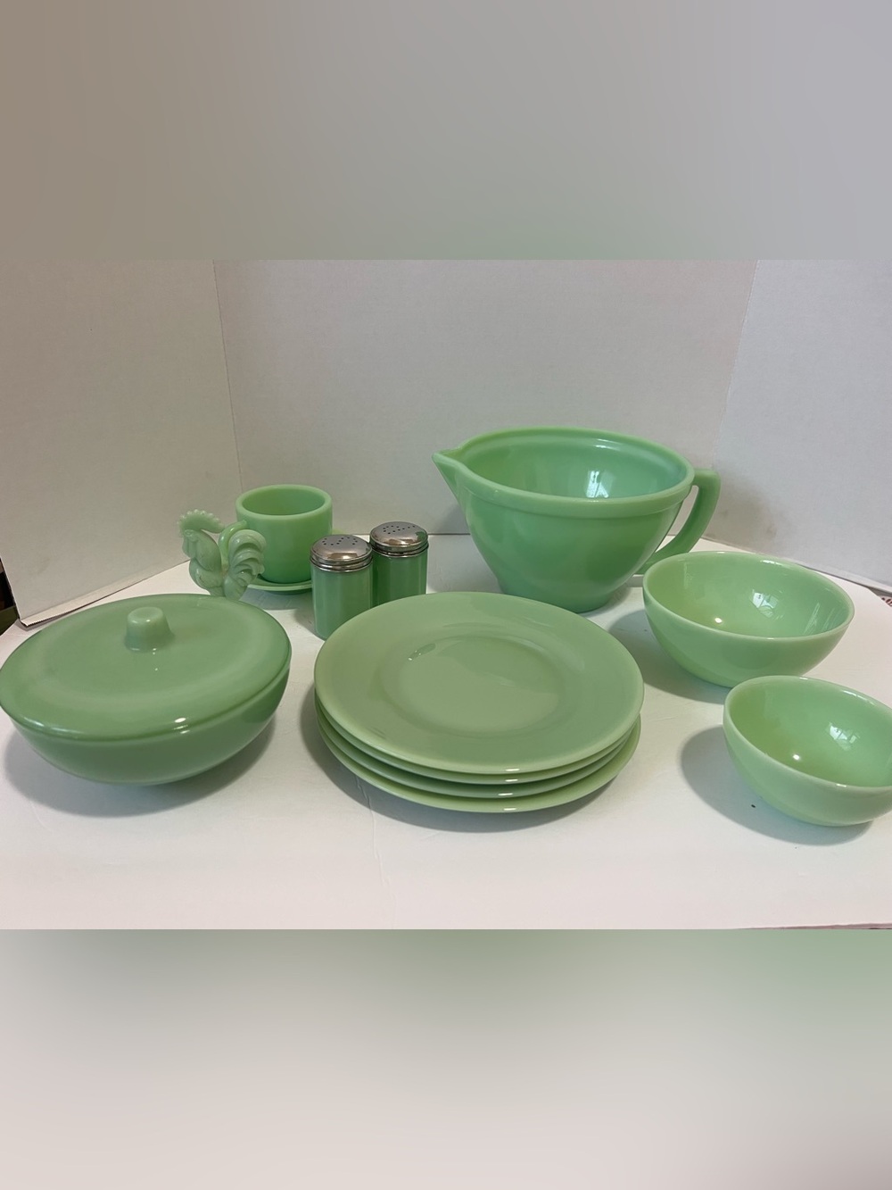 Green Jadeite-Style Glassware Lot - Plates, Bowls, Cups, Shakers - Heavy Glass
